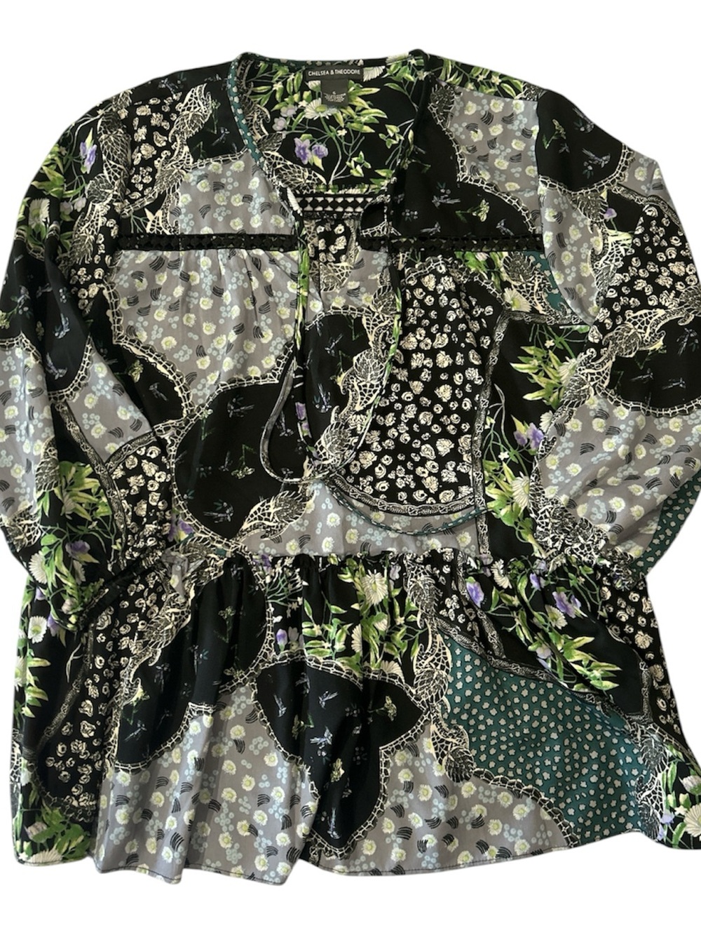 Chelsea & Theodore Black Floral Patchwork Blouse Sz S - Picture 2 of 6